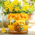 GUGUGO Cute Bee Hut Plant Pots, Cute Unique Succulent Animal Planters with Drainage, Bright Yellow Small Bee House Indoor Flower Pots, Funny Eclectic Boho Home Décor Gift, Beehive and Flowing Honey