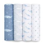 aden + anais oceanic Swaddle Blanket - Pack of 4 | Large 100% Breathable Organic Muslin Cotton Swaddle Wrap Set for Baby Boys | Blue, Wales, Stars Print Designs | Newborn & Infant Sleep Essentials