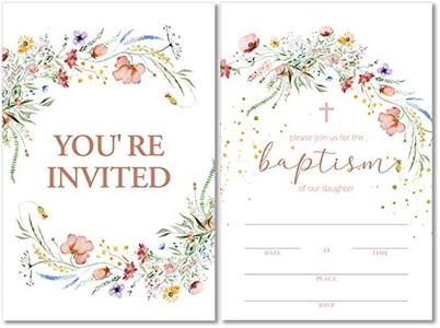 Soiceu Pink Girls Wildflower Baptism Party Invitations with Envelopes Set of 20 Floral Wildflower Christening 1st Communion Party Invites