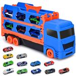 Xoolkly Transport Truck Toy Cars for Boys, Portable Race Track Truck Toy Car with 12 Race Cars, Folding Storage 2 Ejection Race Track, Carrier Truck Toys Set for Boys Girls Aged 3 4 5 6, Blue