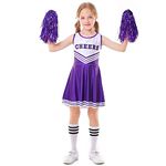 LOLANTA Girls Cheerleader Costume, School Musical Purple Cheerleading Uniform Outfit with Pom Poms(6-7 Yrs,Purple,Tag 130)