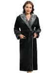 ROSYLINE Womens Robes Kimono Fleece Hooded Bathrobe Plush Long Warm Robe Black L