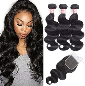 Brazilian Body Wave 3 Bundles with Free Part Lace Closure (12” 14” 16” with 10”) 10A Grade Unprocessed Brazilian Virgin Human Hair Bundles with Closure Body Wave Bundles with 4X4 Swiss Lace Closure