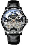 B BINGER Men's Skeleton Watches Automatic Ailang Watch with Dual Balance Wheels Wristwatch, Black