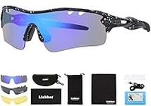 Liekkas Polarised Sports Sunglasses For Men Women with 3 Interchangeable Lenses for Running Cricket Mountain Bike Cycling Glasses Black Blue