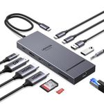 UGREEN Laptop Docking Station Triple Display (2x HDMI +DP), 12-in-1, 100W PD, 2×10Gbps USB-C, 2x USB-A, 170MB/s SD/TF, Ethernet, Audio, 4K@120Hz Max DisplayPort, 40cm Cable, Aluminum Dock for Dell, HP