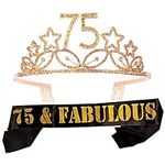 MEANT2TOBE 75th Birthday Sash and Tiara for Women - Fabulous Glitter Sash + Stars Rhinestone Gold Premium Metal Tiara for Her, 75th Birthday Gifts for 75 Celebration, five crowns