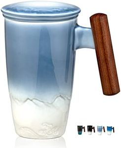 suyika Tomotime Tea Cup with Infuser and Lid 400ml Ceramic Tea Mugs Smooth Inner Wall Wooden Handle 13.5 oz,Blue