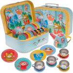 Jewelkeeper Vibrant Tin Tea Set for Kids with Jungle Animals - Pretend Play Teapot Set with Carrying Case - Durable Design - Complete 15-Piece Playset Including Serving Tray