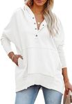 PRETTYGARDEN Women Long Sleeve Casual Button V Neck Hoodies Oversized Sweatshirt Hooded Tops with Big Pockets (Beige White,Medium)