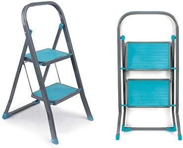 Beldray LA023957TQ Foldable 2 Step Steel Ladder – Safety Non-Slip Steps & Feet, Outdoor & Indoor DIY, Durable & Sturdy, Folds Easy For Neat Storage, Safety Clip, Approx 2m Reach Height, Turquoise/Grey