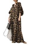 ZANZEA Womens Casual Shirt Dress 3/4 Lantern Sleeve Loose Button Down Maxi Dress Leopard Printed T Shirt Dress Floor Long Dress with Pockets A-Coffee 5XL