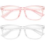 WOWSUN Unisex Stylish Nerd Non-prescription Glasses, Clear Lens Eyeglasses Frames, Fake Glasses (2 Pack/ Pink Frame Clear Lens + Transparent Frame Clear Lens, 53)