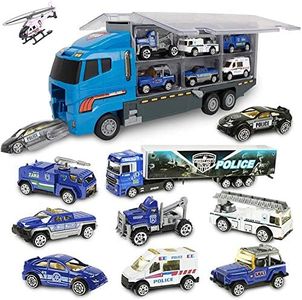 Coolplay Police Car Toy for Boys, 10 in 1 Mini Die-cast Vehicles Rescue Truck Toy Set in Transport Vehicle, Ambulance Toy for Kids 3-8 Years Old