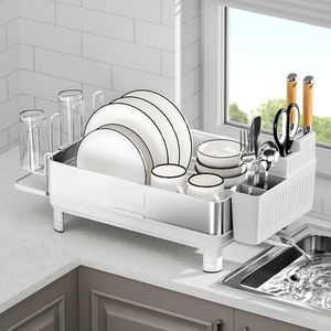 SanDream Dish Drying Rack, Stainless Steel Dish Rack for Kitchen Counter, Dish Drainer with 360°Rotatable Drain Spout & Utensil Holder & Cups Holder, Sink Dish Rack Organizer with Draining Tray, White