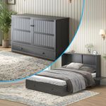 Mjkone Queen Murphy Cabinet Beds with Tri-Folding Mattress, Murphy Bed with USB Charging Station and Storage Drawers, Queen Size Cube Cabinet Bed Foldable Panel for Bedroom/Office/Guest Room, Grey
