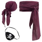 COSPLAY STUDIO 3 PCS Halloween Pirate Costume Women Men Head Scarf Hat Accessories Pirate Sash Belt Pirate Bandana Headband Waist Belt (Dark-Red)