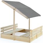 Spielwerk® Toni Sandpit | Adjustable Sun Roof & Foldable Benches | Natural Spruce Wood | UV50+ UV Protection Edge Protection | Floor Fleece | Childrens Sandbox | 120x120x120cm