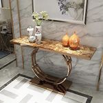 Vandana Interiors Modern Luxury 48" Faux Marble Narrow Console Table Rectangle Tabletop Stainless Steel in Rose Gold