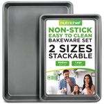 Nonstick Cookie Sheet Baking Pan - 2-Pc. Professional Quality Kitchen Cooking Non-Stick Bake Trays with Gray Coating Inside & Outside, Dishwasher Safe