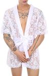 Mens Sissy Underwear Belted See Through Robes Lace Sheer Two Piece Sleepwear Set Mesh Transparent G String Thong White XXL