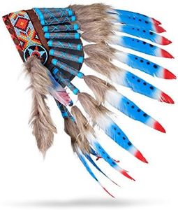 Pink Pineapple Tocado Hecho a Mano Inspirado en los Nativos Americanos: Equipo de Plumas Genuino de Adultos - Corto - Azul, Rojo, Blanco