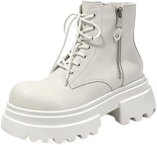HSGMXGIXS Men'S Black Patent Leather Platform Combat Boots with Side Zipper Wide Toe Chunky Lug Sole Motorcycle Boots Comfort Waterproof Lace Up High Top Biker Ankle Booties (5.5,White)