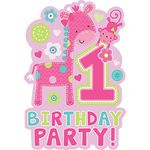 amscan One Wild Girl 1st Birthday Die-Cut Postcard Invitations, 6" x 3.5", Pink