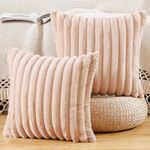 MADIZZ Set of 2 Faux Fur Plush Decorative Throw Pillow Covers 14x14 Inch Light Brown Fluffy Striped Soft Decorative Cushion Cover for Sofa Bedroom Pillow Shell