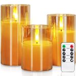 Homemory Gold Glass Flameless Candles, Battery Operated LED Pillar Candles with Remote Control and Timer, Radiance Candles, Real Wax, D3 xH4 5" 6", Set of 3