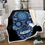 Loussiesd Skull Fleece Throw Blanket Bohemian Tribal Sherpa Blanket for Boys Men Boho Skeleton Print Plush Blanket Mandala Floral Print Fuzzy Blanket for Sofa Bed Couch Single 50x60 Inch,Black,Blue