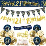 21st Birthday Decorations Men,Blue Gold Happy 21st Birthday Banner,21st Birthday Balloons,Bunting Flags,Sash,Cake Toppers for Men Women Blue 21st Birthday Party Supplies