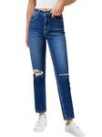 ONESO Women's High Waisted Mom Jeans Stretchy Ripped Destroyed Tapered Mom Jean Casual Boyfriend Jeans for Women Denim Pants, 3010 Dark Blue, 28