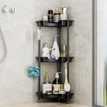 SWTYMIKI Shower Caddy Corner - 3 Tier Floor Corner Shower Shelf Shower Organizer with 4 Hooks, Plastic Metal Splicing Rustproof Standing Shower Caddy Shower Rack for Bathroom, Bathtub, Black