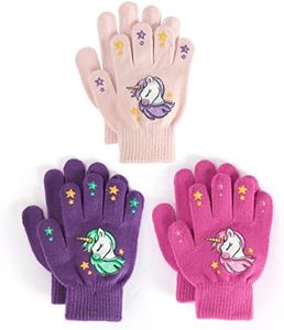 Brook + Bay Kids Magic Gloves - 3 Pack Kids Winter Gloves - Cold Weather Gloves for Boys & Girls - Children's Knit Gloves, Unicorn- Pink/Purple/Hot Pink, 3 - 5 y/o