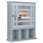 Multigot Bathroom Mirror Cabinet, Wall Mounted Storage Cupboard with Adjustable Shelf and 3 Open Compartments, Wooden Single Door Display Organizer for Bedroom Living Room Kitchen (Grey)