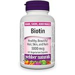 Webber Naturals Biotin 5000 mcg, 60 Vegetarian Capsules, Supports Healthy Hair, Skin & Nails, Energy Metabolism, Vegan