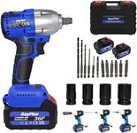 21V MAX Brushless Cordless Impact Wrench Car Repair Wheel Nut Gun Electric 420 N.M High Torque Impact Wrench Power Wrench Electric Cordless Driver with 4 Sockets + 12 Driver Bits+ 2x 6.0AH Battery