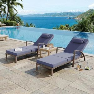 GarveeHome Outdoor Chaise Lounge Set of 2, Weather-Resistant PE Rattan Recliners with 5 Adjustable Positions, Wheels, Armrests, Cushions & Pillows, Collapsible for Poolside, Deck, Blue Cushion