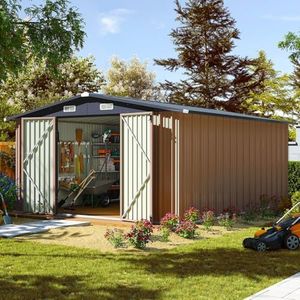 Aoxun 10x12 FT Outdoor Storage Shed, Steel Utility Tool Shed Storage House with Door & Lock, Metal Sheds Outdoor Storage for Garden Patio Lawn Poolside, Brown