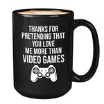 Bubble Hugs Funny Anniversary Coffee Mug 15oz Black - Thanks for Pretending - Geek Nerdy Gamer Boyfriend Joystick Relationship Video Games Lover Husband Game Player