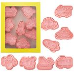 TONAUP Cartoon Fun Biscuit Moulds, 8Pcs Vehicle Cookie Cutter Stamp Set, Cookie Cutters , 3D Cookie Cutters Shapes, Biscuit Cutters Baking, Biscuit Cutter Stampers Emboss, Emergency Rescue Vehicles