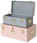 Vixdonos Decorative Metal Box Storage Trunks Set of 2 College Dorm Chest with Lock Hole,23.7X14.2X9.5 Inches(Grey and Pink)