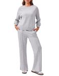 PINSPARK Two Piece Sets for Women Crewneck Sweatshirts Straight Leg Pants Lounge Set For Women Athleisure Tracksuit Outfits Light Grey S