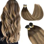 GOO GOO I Tip Hair Extensions Real Human Hair, Balayage Chocolate Brown to Caramel Blonde 50g 50 Strands 18inch Cold Fusion I Tip Hair Extensions