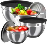 Mixing Bowls with Airtight Lids, Stainless Steel Mixing Bowl Set with 3 Metal Nesting Bowls, Colander & Grater, Non-Slip Bottoms, Size 1.5, 2.5, 6 QT, Great for Mixing & Serving, Black