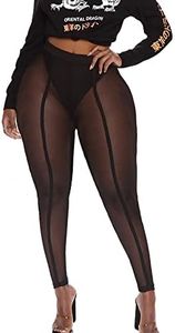 Sxglamr Women's See Through Leggings Sexy Elastic Pencil Sheer Pants Black Mesh High Waist Casual Tights, Black Sheer, Medium