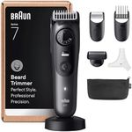 Braun Beard Trimmer Series 7, +7 Barbering Tools, Mens Beard Trimmer with Lifetime Sharp ProBlade, Up to 120 Min Runtime, 40 Lengths, Waterproof, PrecisionWheel & Lock, BT7525, Grey