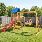 Suniboxi Playground-Sets with Monkey Bars for Backyard - Wooden Swing Set for Kids Ages 3-8, Outdoor Playset with Wave Slide, Rock Wall Ladder, Belt Swings & Play Deck with Canopy