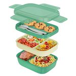 Bento Box Adult Lunch Box, Stackable Lunch Box Containers for Adults Kids, Salad Bowls, 3-Layer 1.9L Food Containers with 3 Cutlery, for Work School Picnic, 8.5"×5.7"×3.9"(Green)